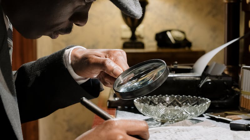 Conducting due diligence research with documents and magnifying glass