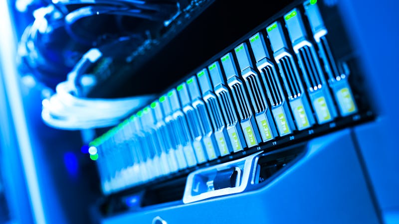 Data storage infrastructure with server racks and networking equipment
