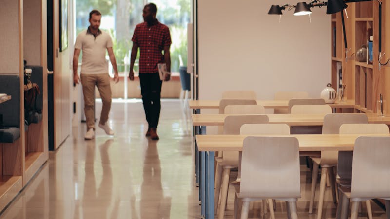 Modern coworking space with desks and collaborative work areas
