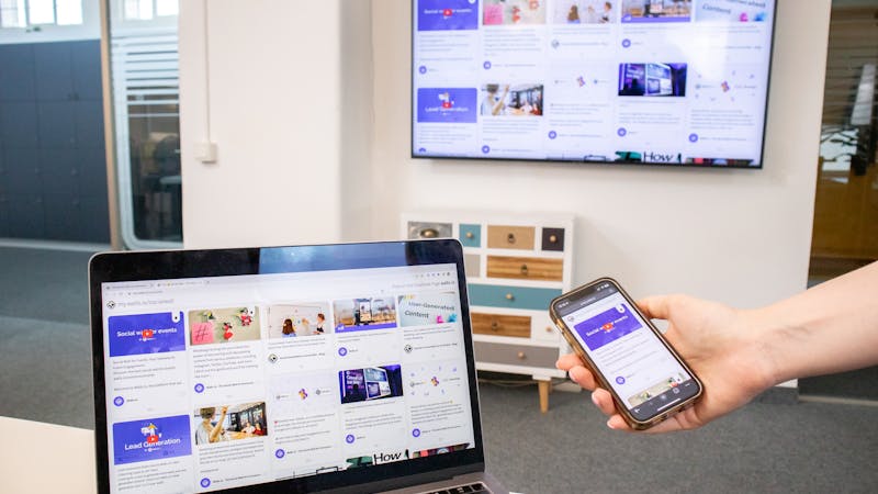 Electronic devices in an office setup for screen sharing during a remote team meeting