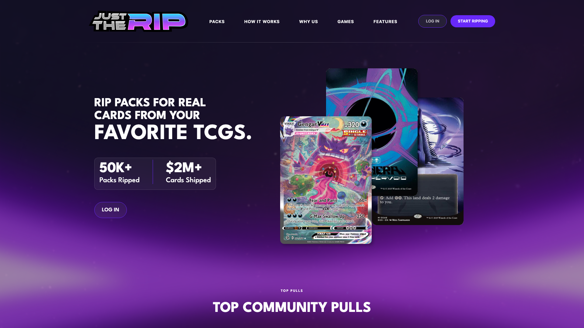 Just The Rip — Rip packs for real cards from your favorite TCGs. A digital pack-opening platform for Pokémon, Magic: The Gathering, and more.
