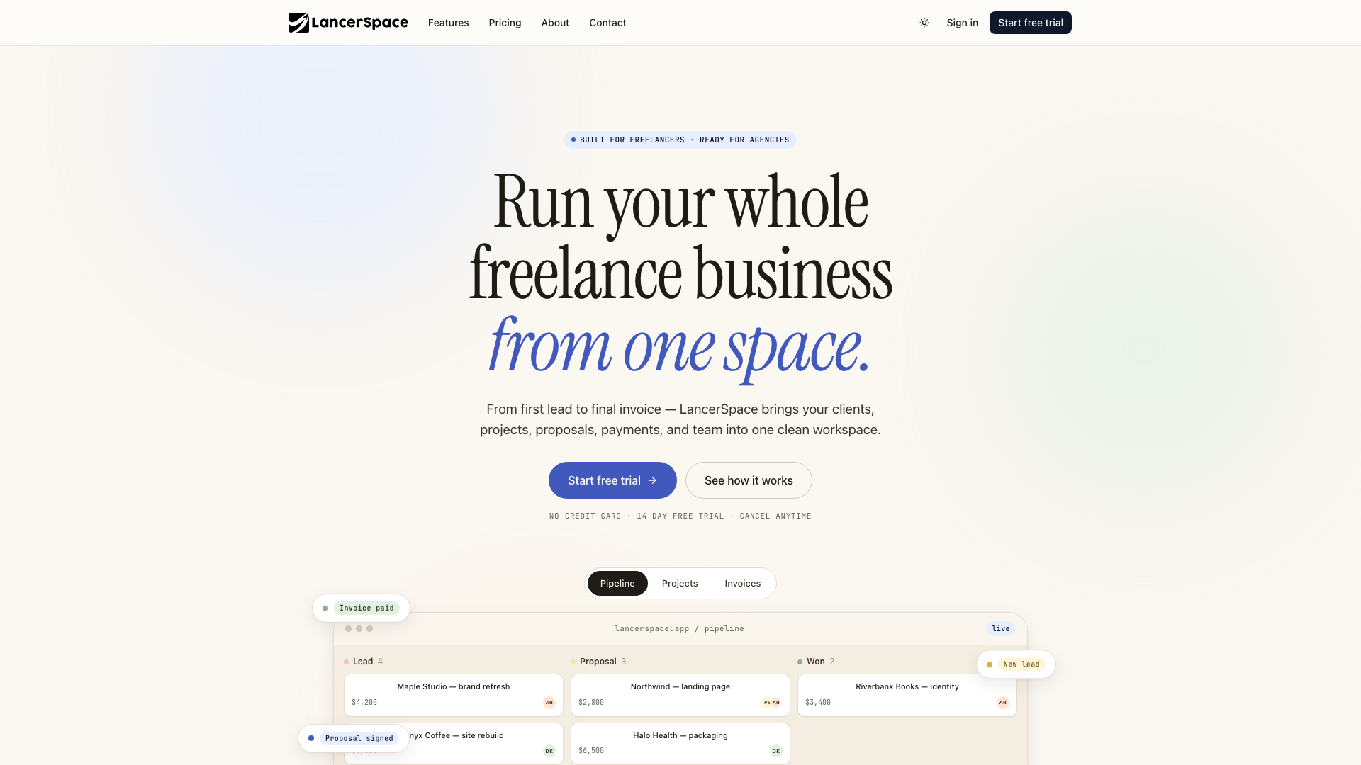 LancerSpace — The all-in-one workspace for freelancers and small studios. Clients, projects, proposals, invoices, and team — all in one login.